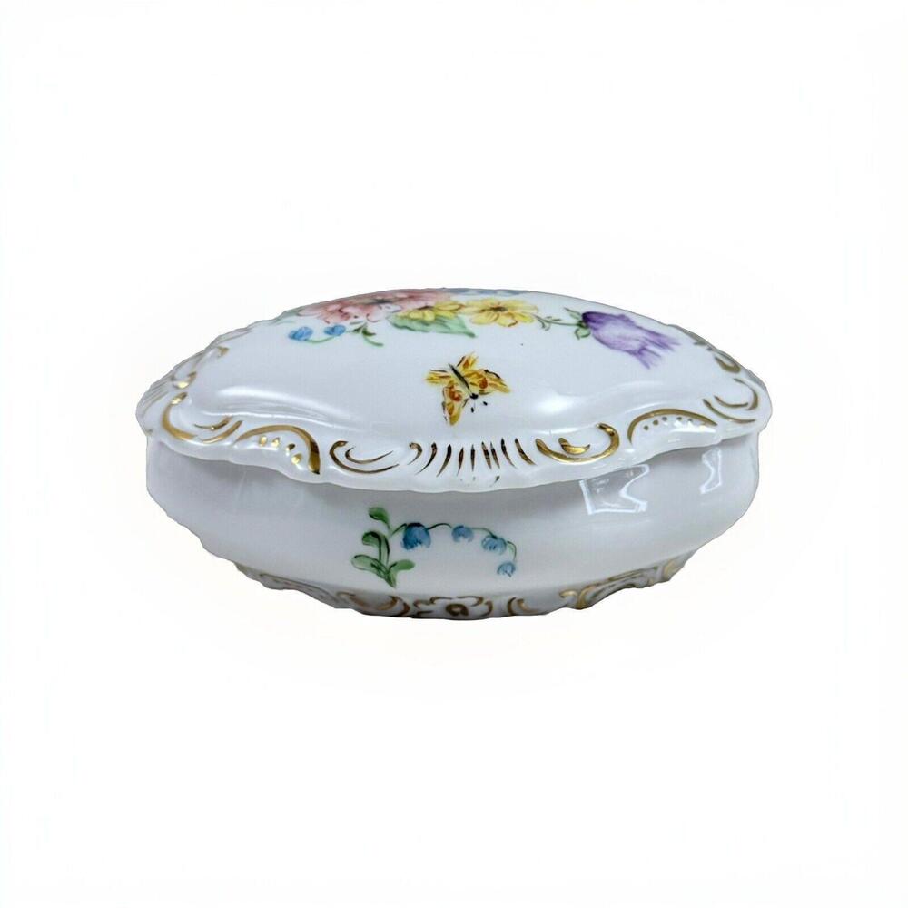 Vintage Hand Painted Porcelain Trinket Box Floral Signed Unmark with Gold accent